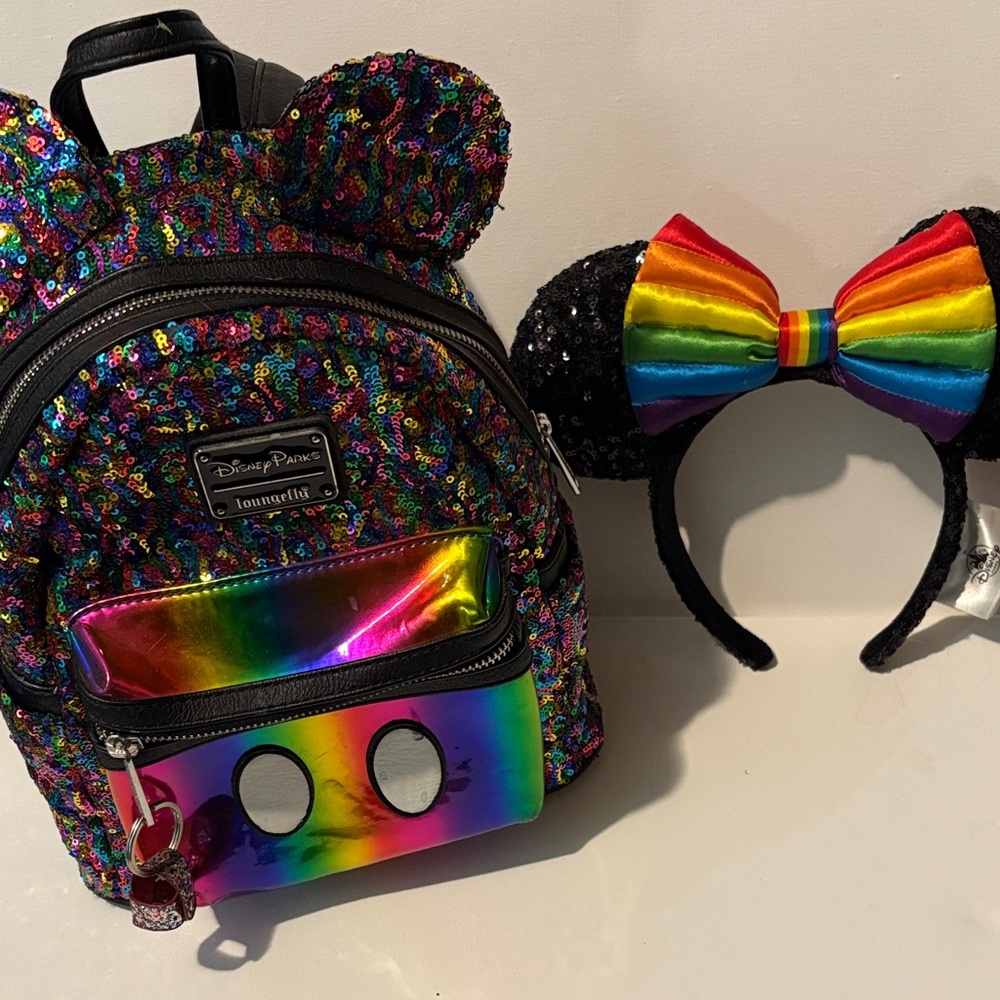 Disney Parks Loungefly Rainbow Sequin Backpack and Headband Set